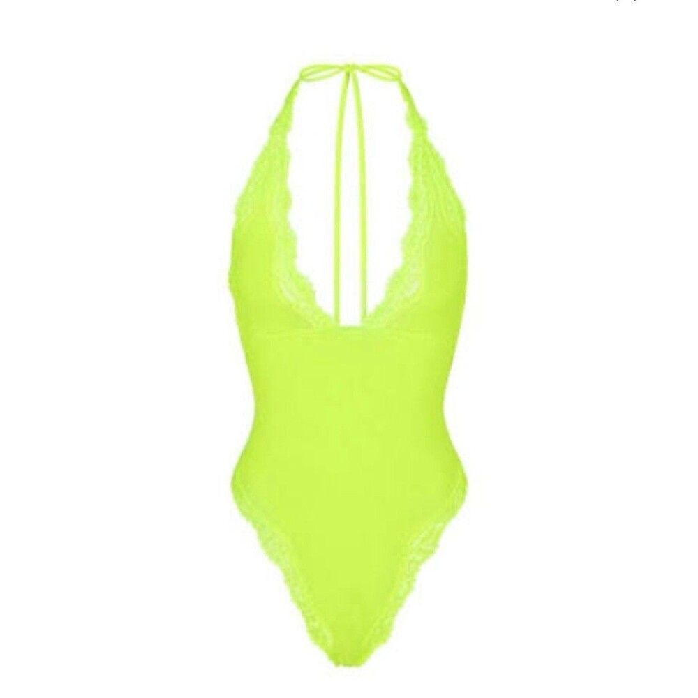 Skims Summer Mesh Lace Plunge Bodysuit Green Highlighter Medium